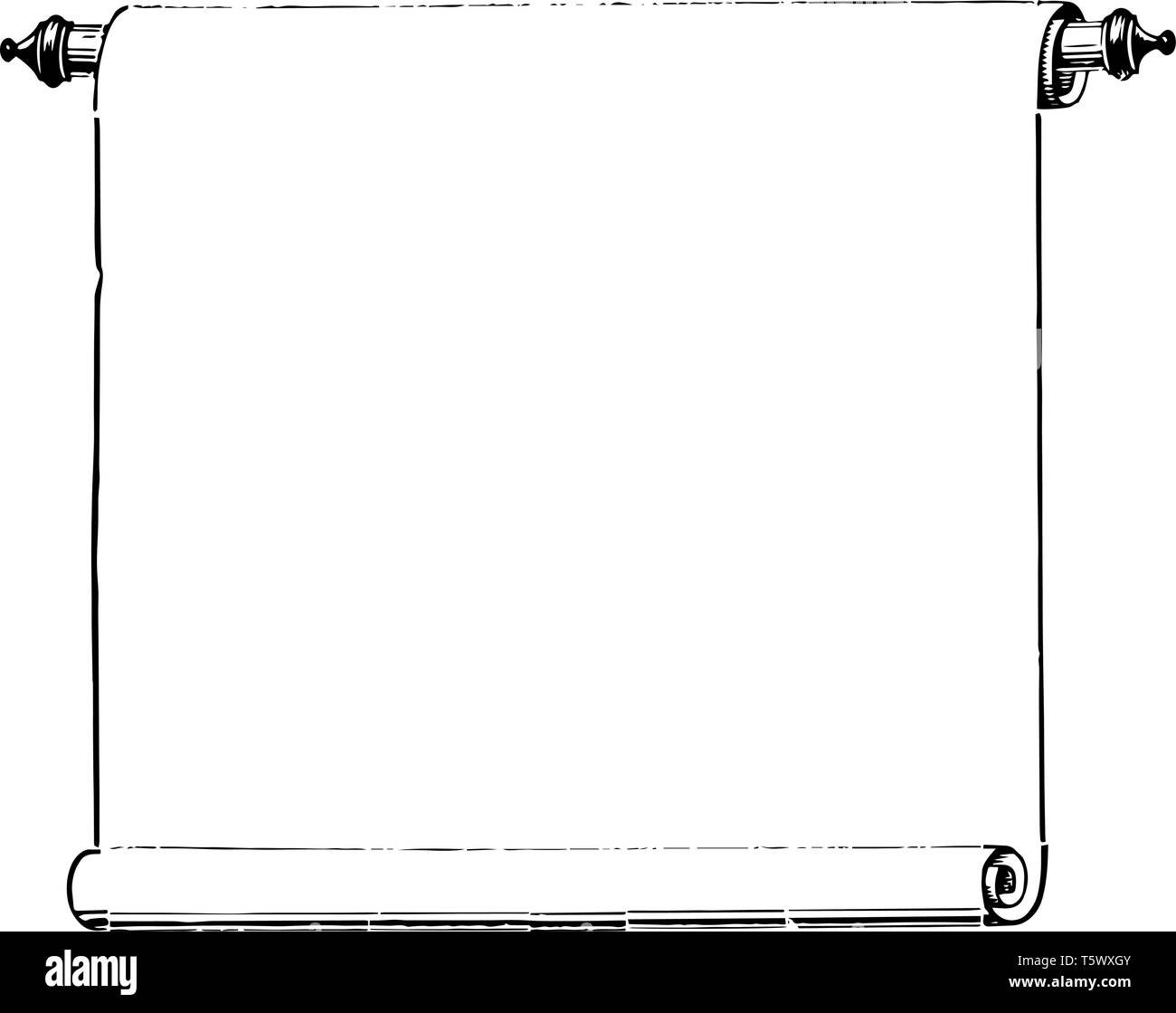 Scorrere o presente scrittura lungo rotolo di carta informazioni memorizzate vintage disegno della linea di incisione o illustrazione. Illustrazione Vettoriale