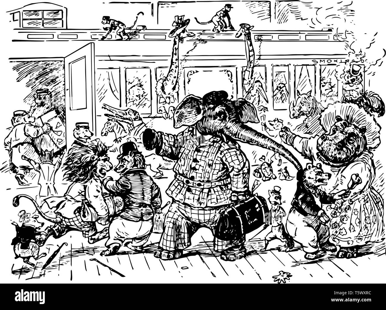 Un elefante e altri animali in abiti da uomo di andare da qualche parte, vintage disegno della linea di incisione o illustrazione Illustrazione Vettoriale