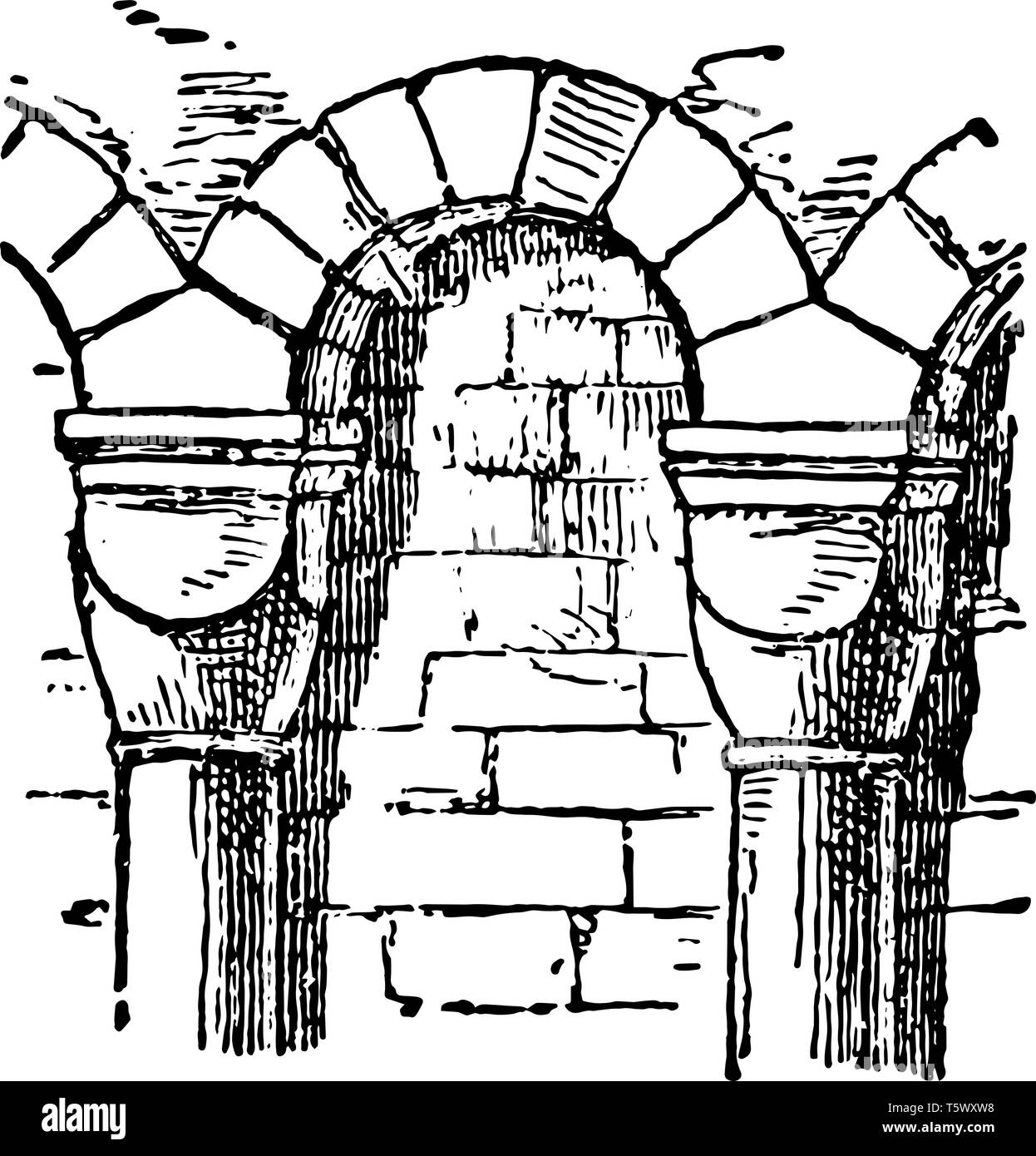 Arcade sono trovati a Parigi architettura arco passaggio coperto pilastro modo vintage disegno della linea di incisione o illustrazione. Illustrazione Vettoriale