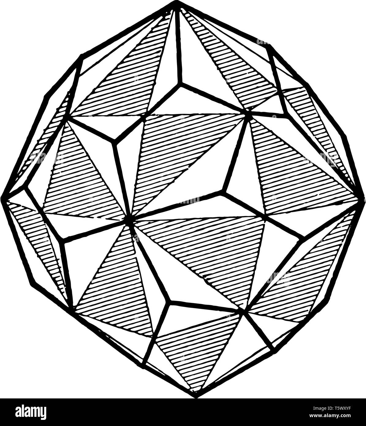 Questo diagramma rappresenta con la mano destra Icositetrahedron pentagonale, vintage disegno della linea di incisione o illustrazione. Illustrazione Vettoriale