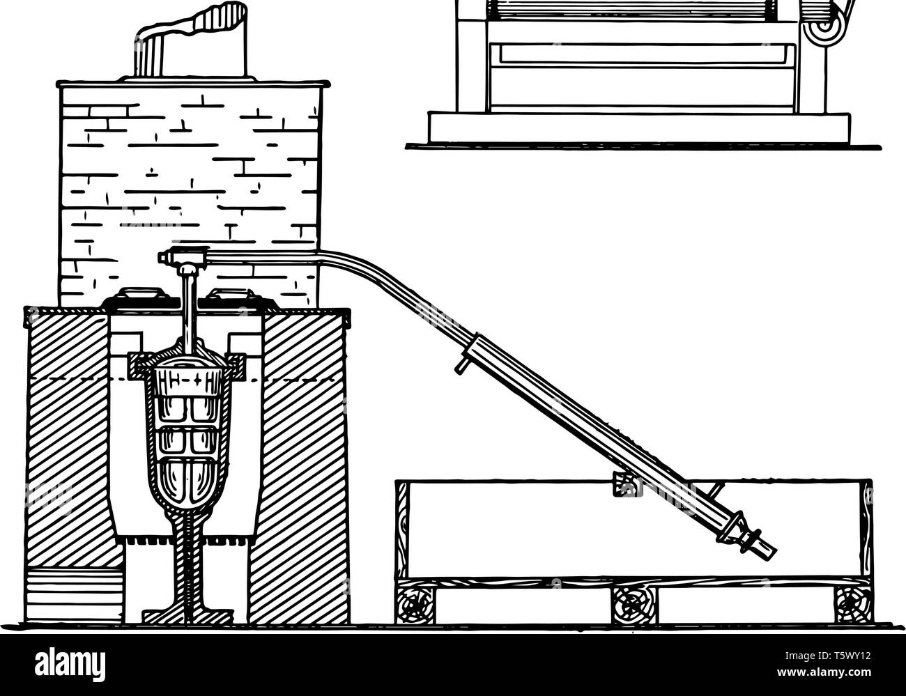 Questo forno è utilizzato per purificare un concentrato di oro vintage disegno della linea di incisione o illustrazione. Illustrazione Vettoriale