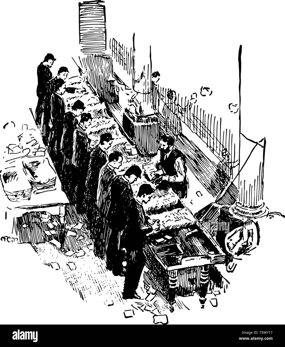 I lavoratori sono di timbratura di documenti su un grande post office vintage disegno della linea di incisione o illustrazione. Illustrazione Vettoriale