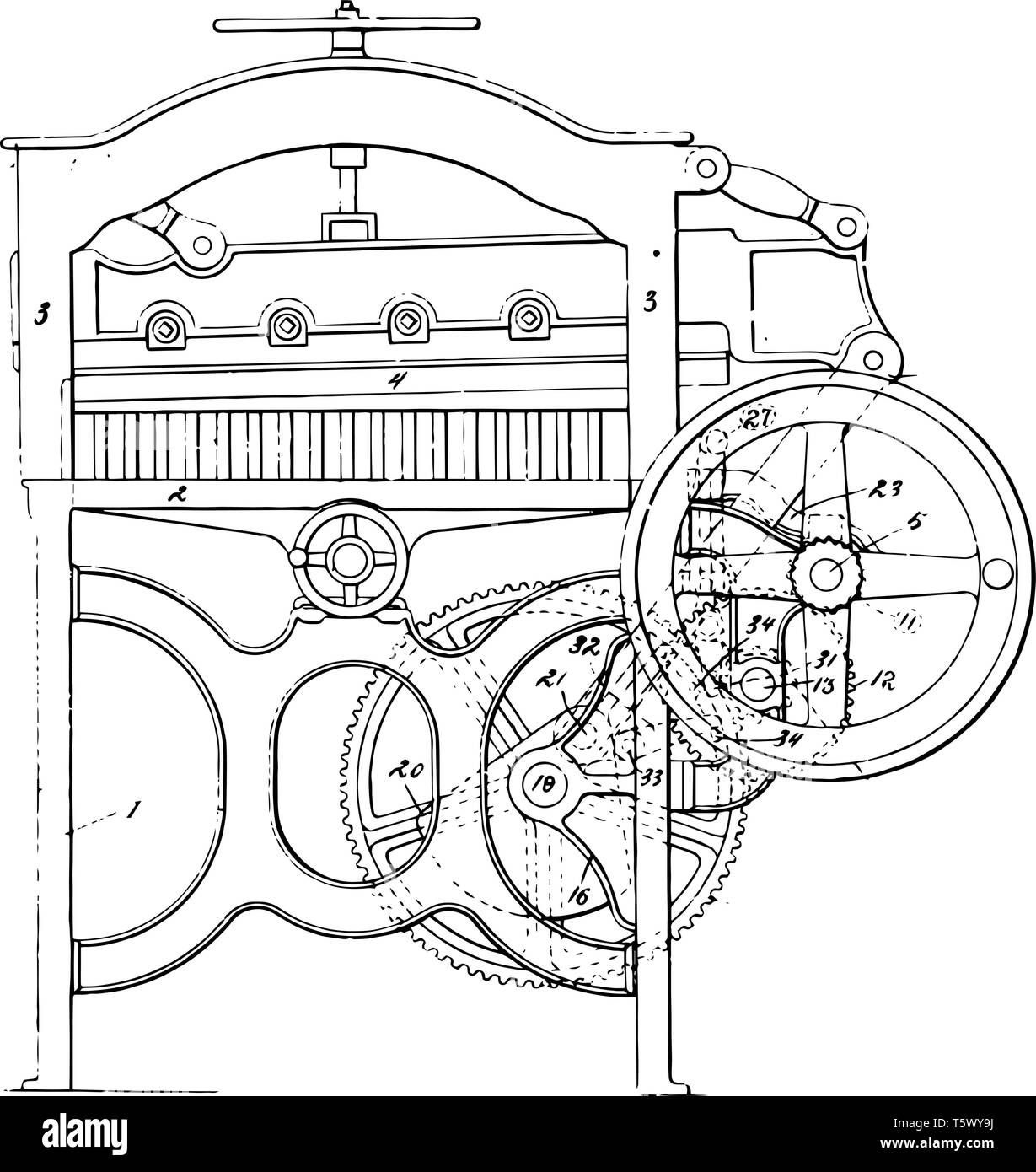 Questa immagine rappresenta il taglio della carta che le macchine utilizzate per il taglio di grandi pile di carta in una varietà di formati di linea vintage disegno o incisione di io Illustrazione Vettoriale