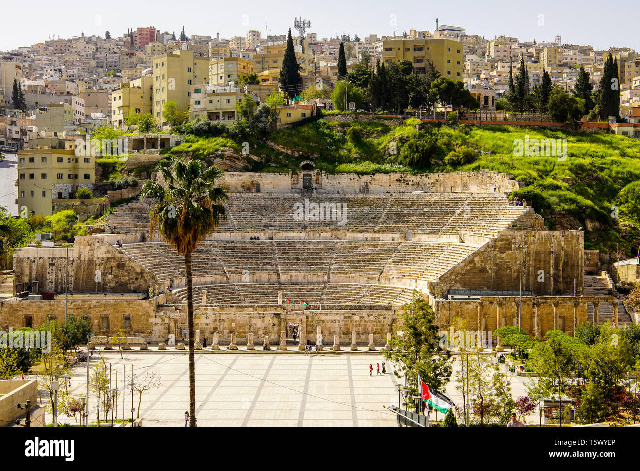 Vista in elevazione dell'Anfiteatro romano di Amman, Giordania. Foto Stock