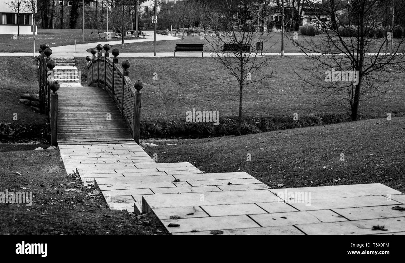 Luminosa scalinata verso il ponte in un bel parco urbano in autunno con alberi sfrondato Foto Stock