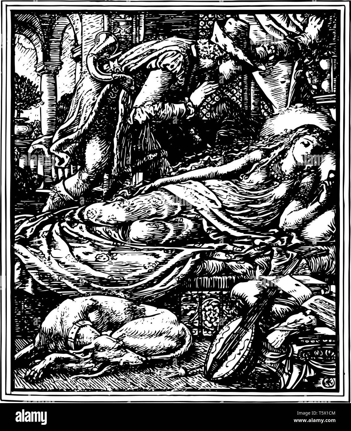 La Bella Addormentata è una illustrazione della storia che è stata creata da artista inglese Walter gru in 1882 linea vintage o di disegno illustra per incisione Illustrazione Vettoriale