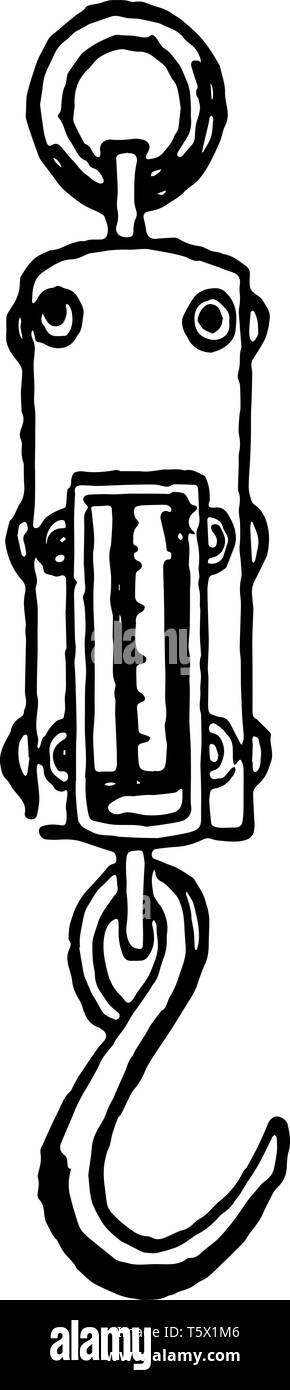 Questa immagine rappresenta la molla scale che usato per pesare oggetti vintage disegno della linea di incisione o illustrazione. Illustrazione Vettoriale