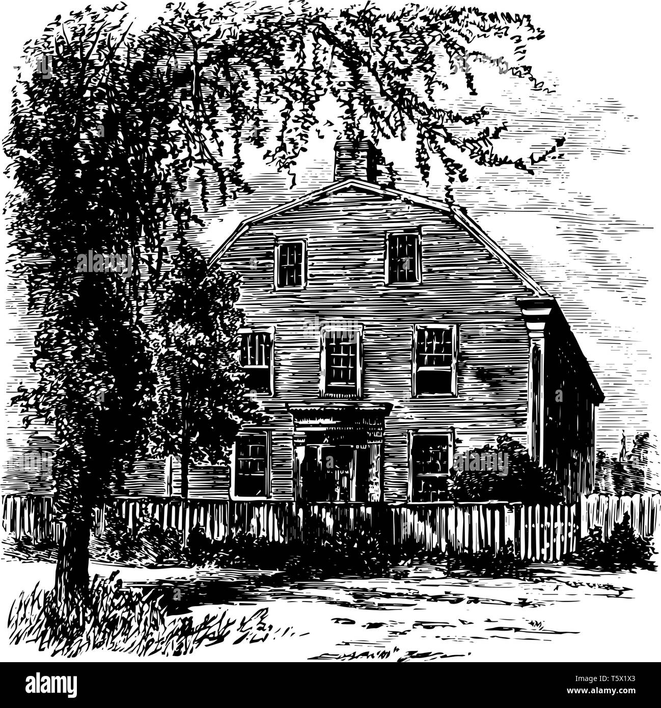 Il William Pepperrell House è una casa storica a 94 Pepperrell Road Maine State Route 103 in Kittery Point Maine vintage disegno della linea o incisione Illustrazione Vettoriale