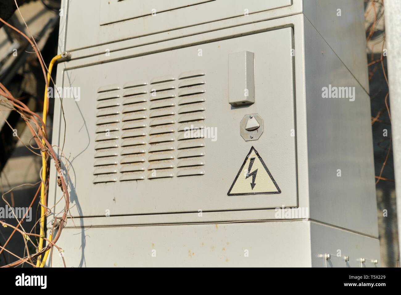 Grigio acciaio quadro elettrico del pannello recinti esterni. Foto Stock