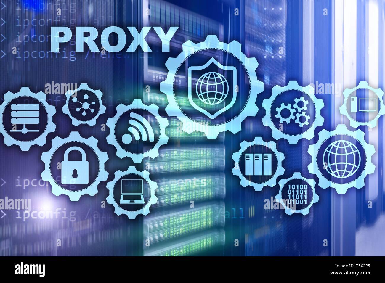 Server proxy. Cyber security. Concetto di sicurezza della rete su schermo virtuale. La sala server sfondo. Foto Stock