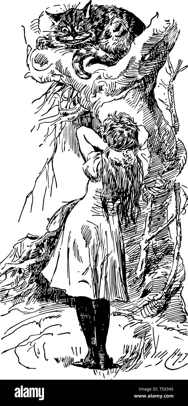 Alice nel Paese delle Meraviglie questa scena mostra un gatto con grandi occhi guardando verso il basso in corrispondenza di una ragazza che è permanente e la ragazza teneva le sue entrambe le mani sul retro del collo vintage l Illustrazione Vettoriale