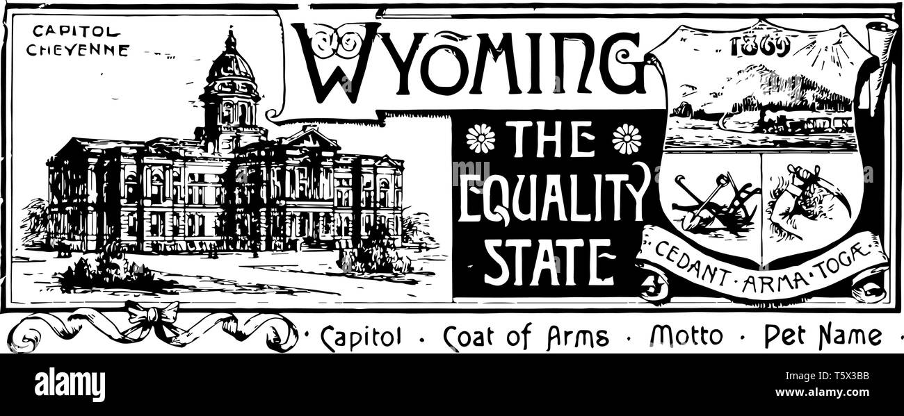 Il banner di stato del Wyoming la parità di indicare questo banner è stato casa sul lato sinistro ha una protezione con montagne sunray treno aratro e spada su r Illustrazione Vettoriale