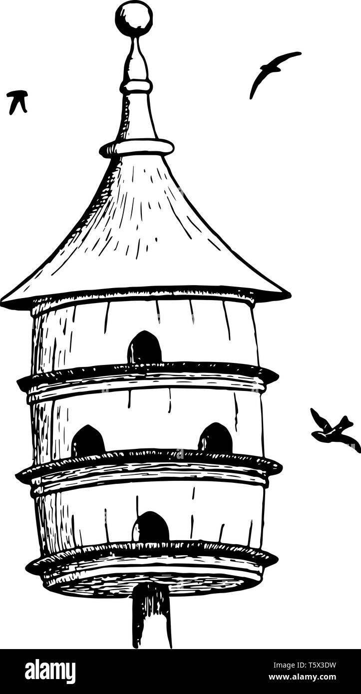 Multi livello Casa di uccello che è comunemente utilizzato per viola Martins, vintage disegno della linea di incisione o illustrazione. Illustrazione Vettoriale