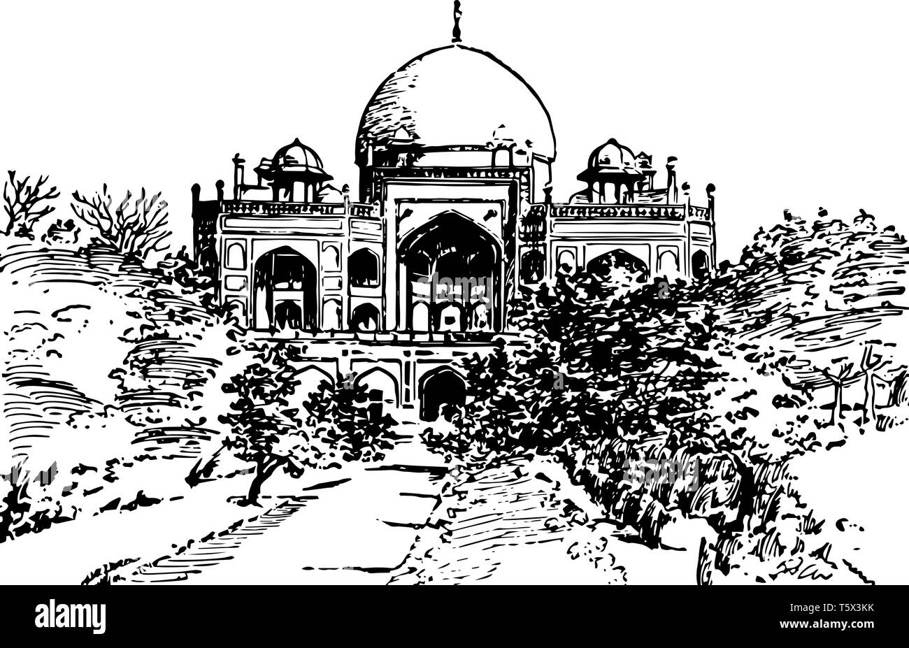 Tomba di Humayun Sultan dove l India è un esempio di Indo Saracenic architettura linea vintage disegno incisione o illustrazione. Illustrazione Vettoriale