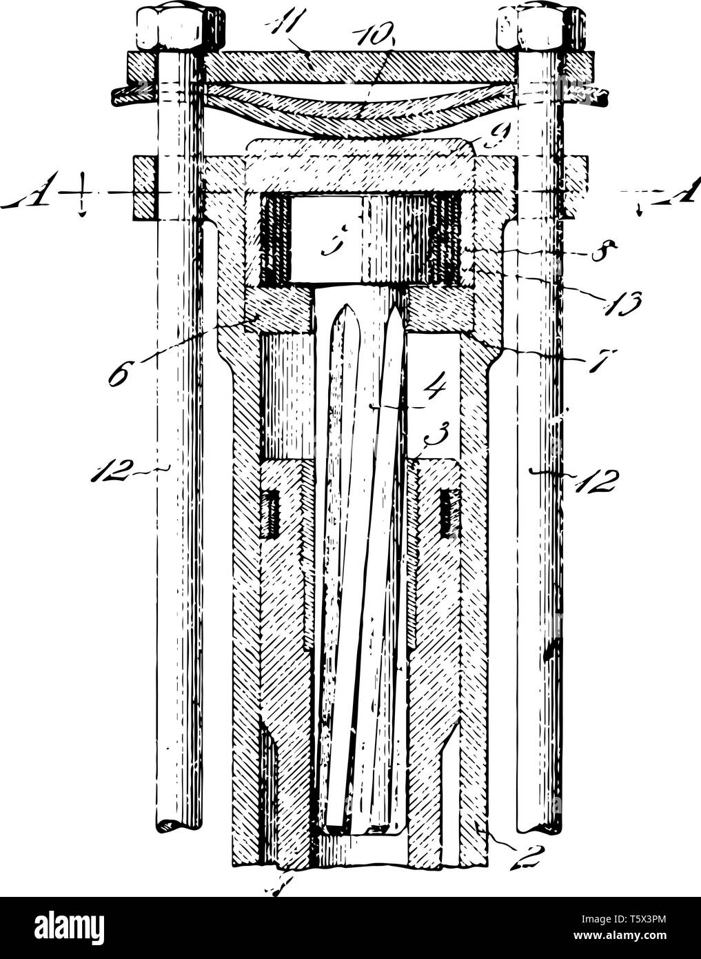 Questa immagine rappresenta perforatrice da roccia che è utilizzato per la perforazione dei fori nella roccia vintage disegno della linea di incisione o illustrazione. Illustrazione Vettoriale