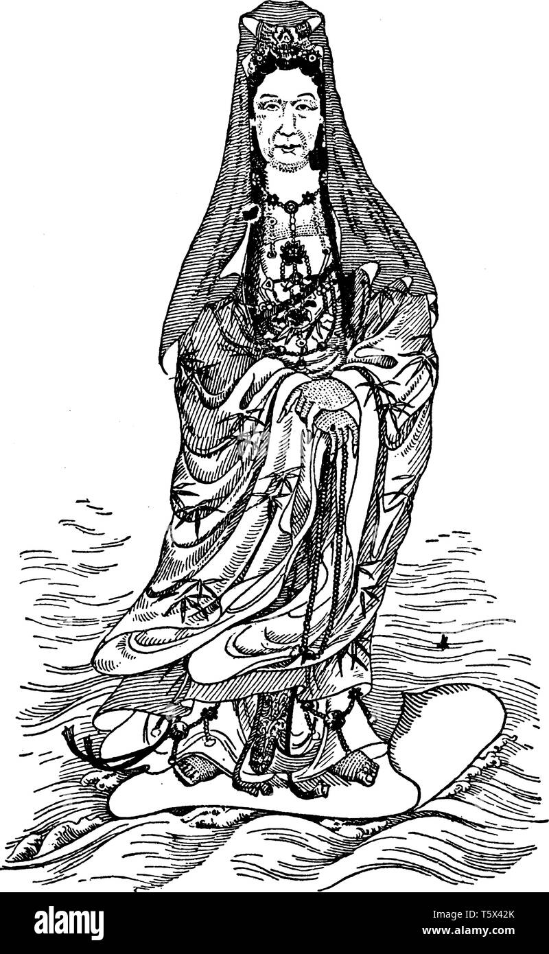 Empress Dowager di Cina è rappresentata come una dea della misericordia, vintage disegno della linea di incisione o illustrazione. Illustrazione Vettoriale