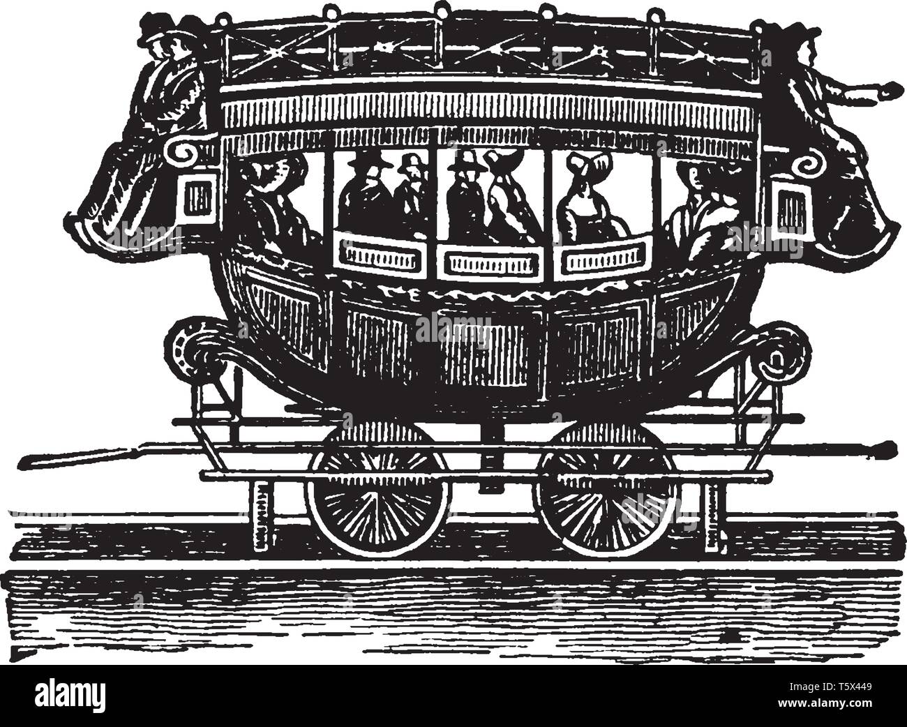 Vagone ferroviario alla vecchia ferrovia autobus utilizzare per il trasporto di pochi passeggeri, vintage disegno della linea di incisione o illustrazione. Illustrazione Vettoriale