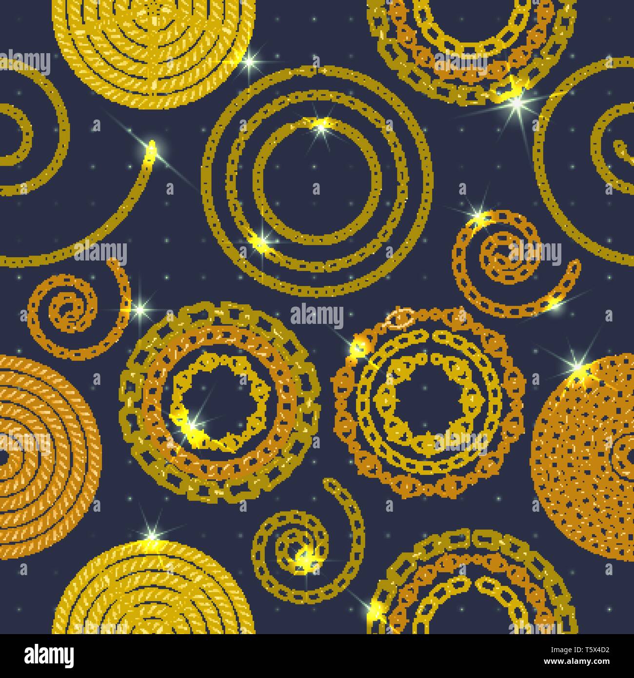 Modello senza cuciture con retrò disegnati a mano schizzo catena d'oro su sfondo scuro. Incisione su disegno di tessitura. Grande design per la moda Illustrazione Vettoriale