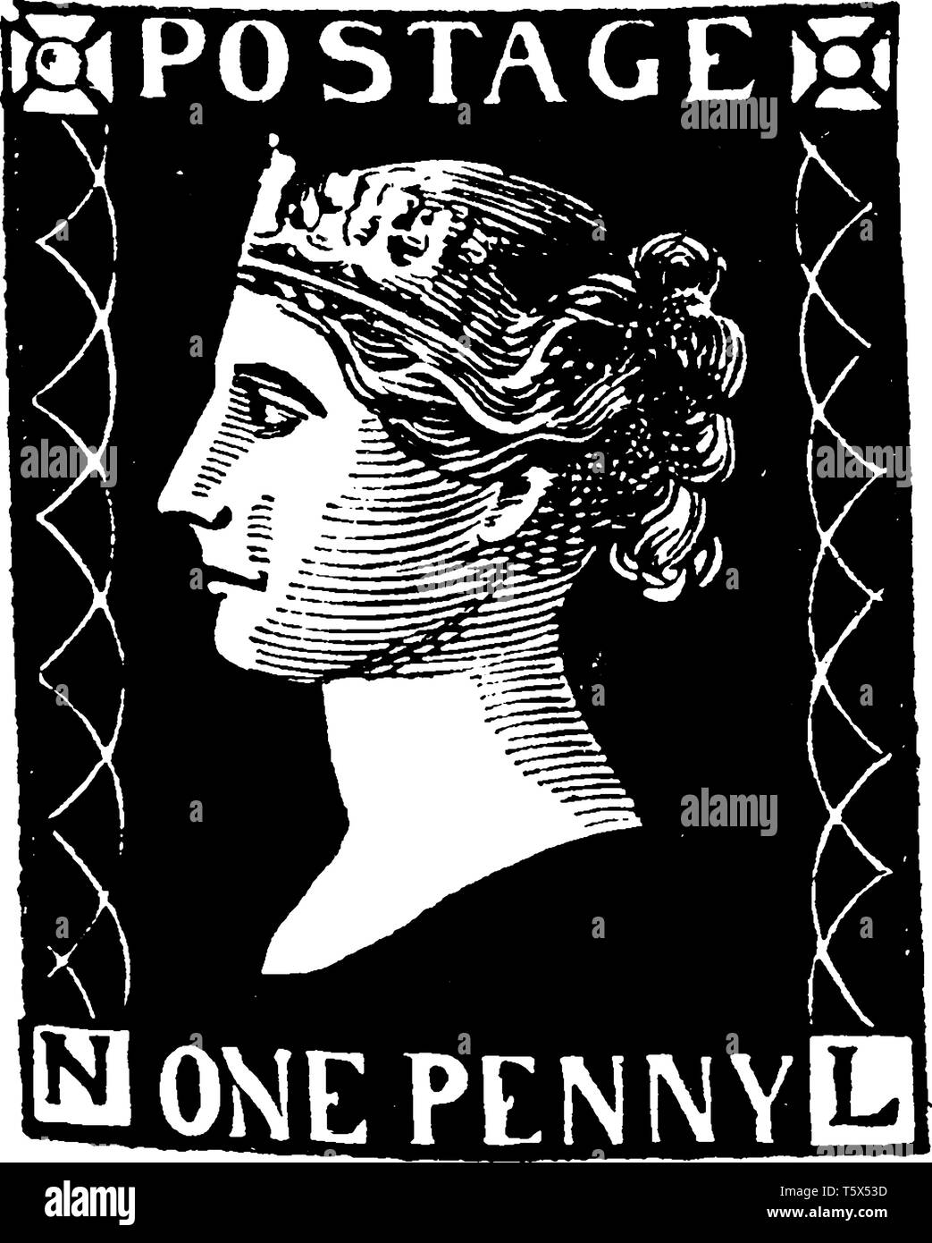 Primo adesivo Penny francobollo è stato usato senza cambiare dal 1840 al 1870, vintage disegno della linea di incisione o illustrazione. Illustrazione Vettoriale
