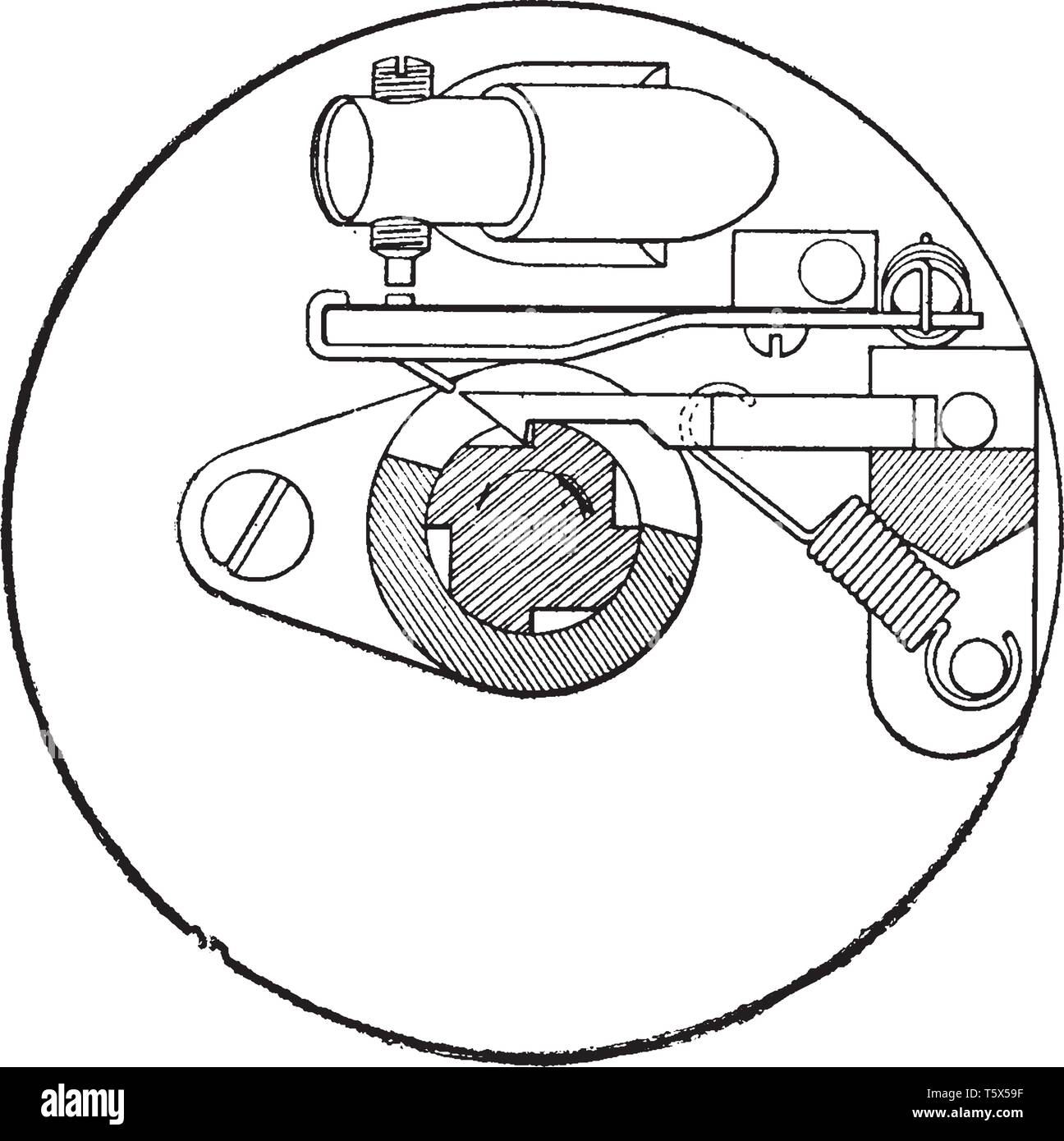 Interruttore è un dispositivo che si interrompe automaticamente un circuito elettrico se si verifica un guasto, vintage disegno della linea di incisione o illustrazione. Illustrazione Vettoriale
