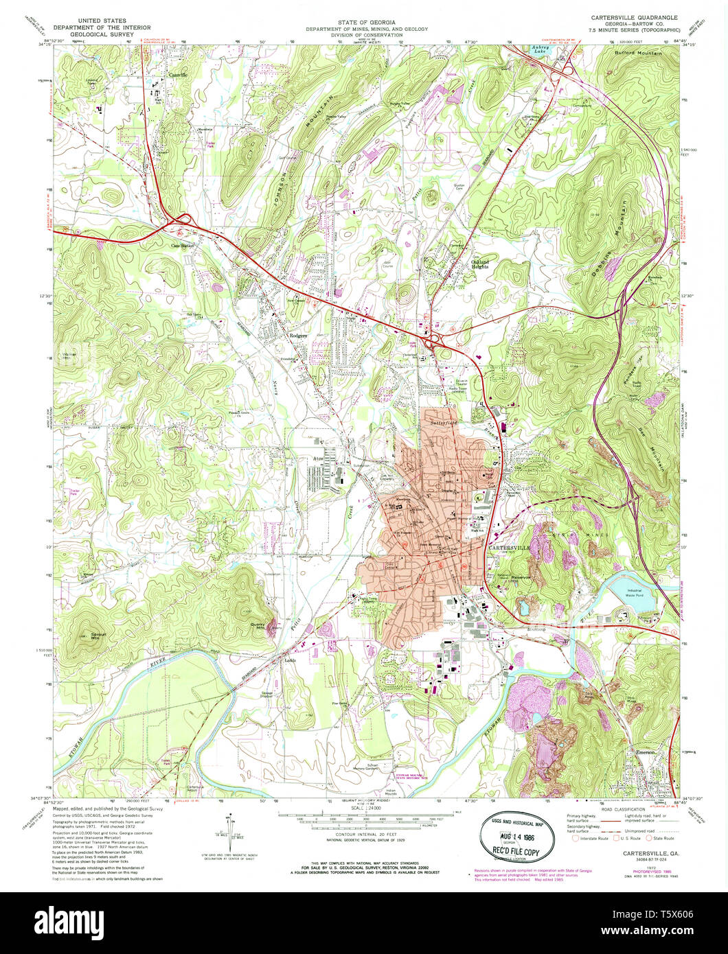 USGS TOPO Map Georgia GA Cartersville 245251 1972 24000 Restauro Foto Stock