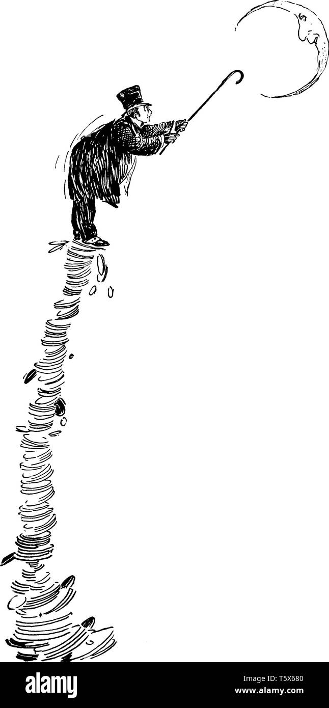 Un uomo in piedi su una pila e raggiungendo verso la luna con bastone, vintage disegno della linea di incisione o illustrazione Illustrazione Vettoriale