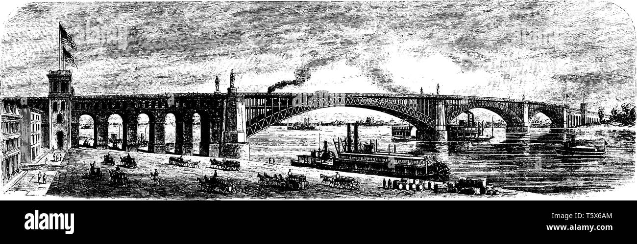 Eads Bridge è un acciaio combinato su strada e ferrovia ponte sopra il fiume Mississippi che collega la città di St Louis, vintage disegno della linea o engravin Illustrazione Vettoriale