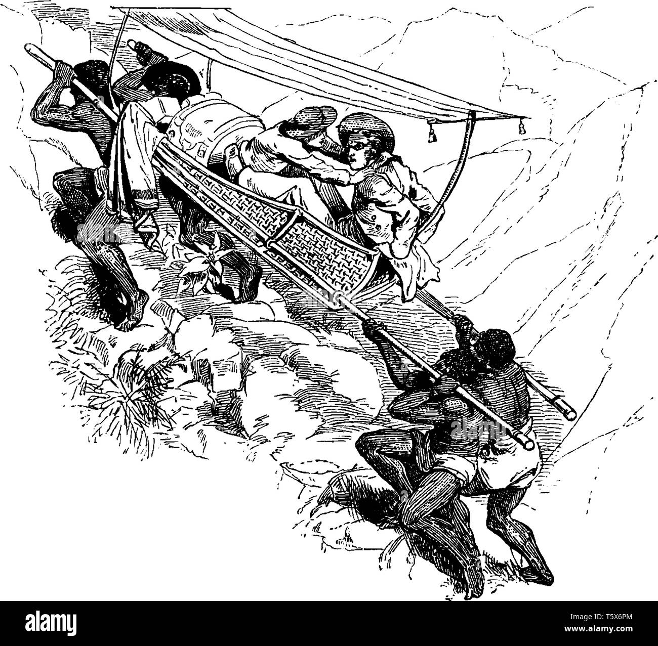 Portantina in cui quattro uomini trasportano due persone in una portantina su terreno montuoso, vintage disegno della linea di incisione o illustrazione. Illustrazione Vettoriale