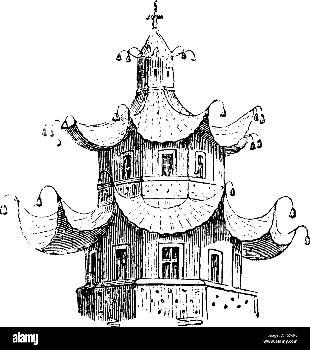 Il Padiglione Cinese non hanno nulla di durevole su di loro per legno deperibili costituisce un elemento essenziale per la loro costruzione, vintage disegno della linea o engravi Illustrazione Vettoriale