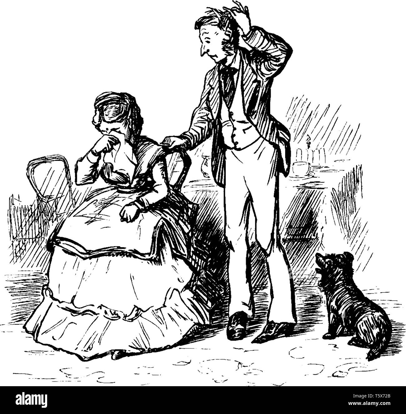Una donna seduta su una sedia e pianto, un uomo in piedi vicino a lei e provando a consolarla, cane in piedi accanto a lui, vintage disegno della linea o incisione illus Illustrazione Vettoriale