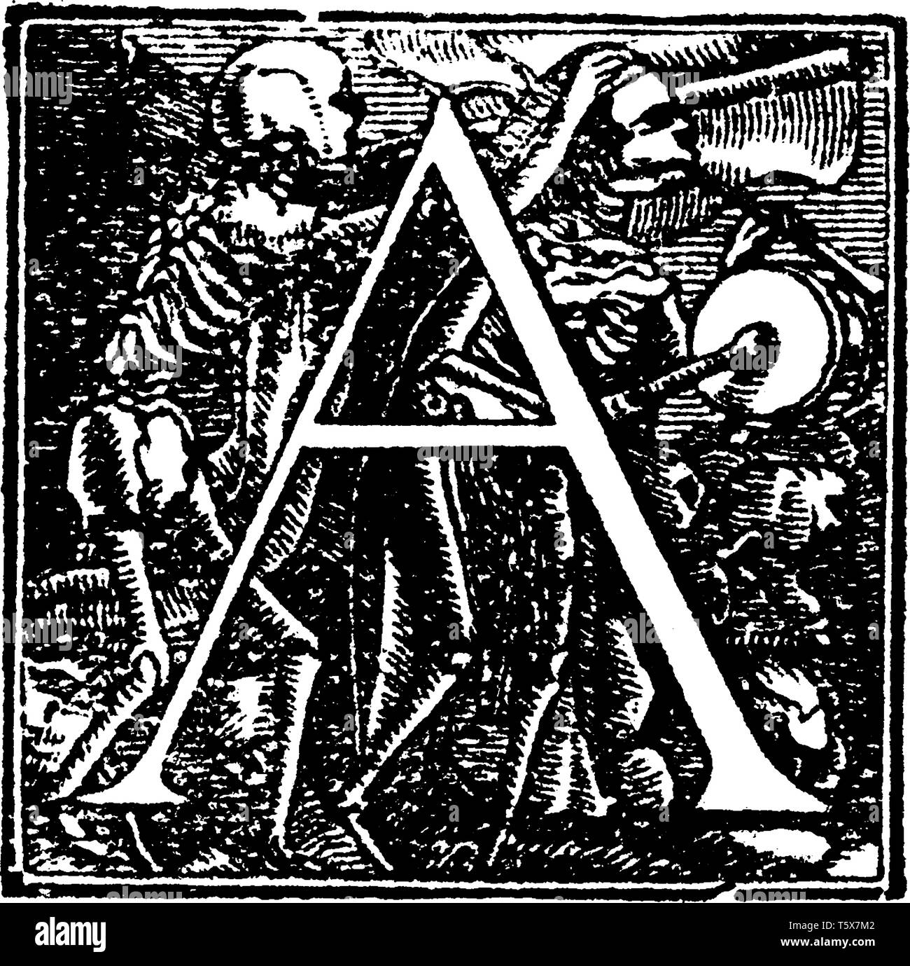 Una lettera A maiuscola con scheletri umani, vintage disegno della linea di incisione o illustrazione Illustrazione Vettoriale