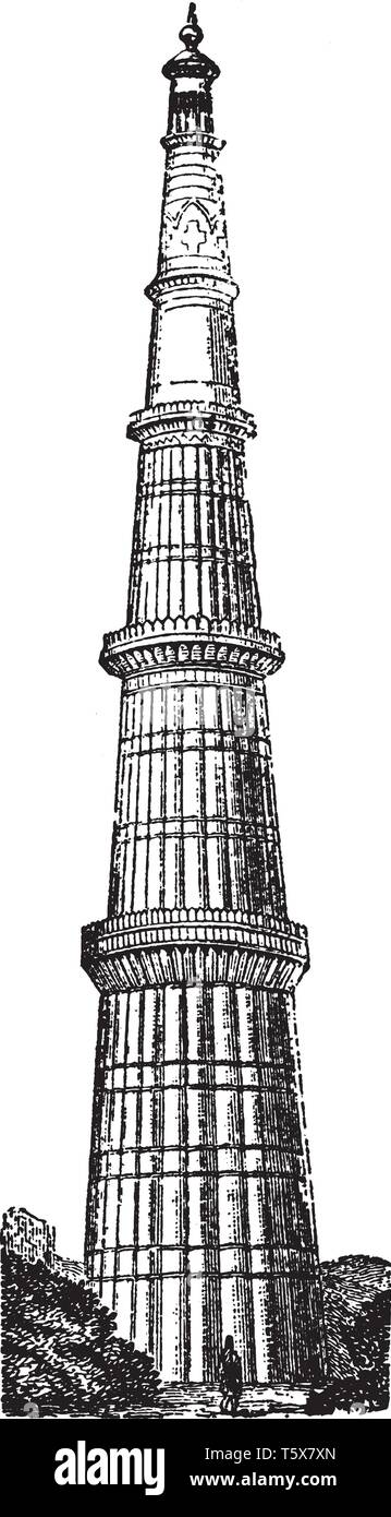 Kutab Minar è un minareto che forma parte del Qutab complesso che è un sito Patrimonio Mondiale dell'UNESCO nell'area Mehrauli di Delhi in India, vintage li Illustrazione Vettoriale