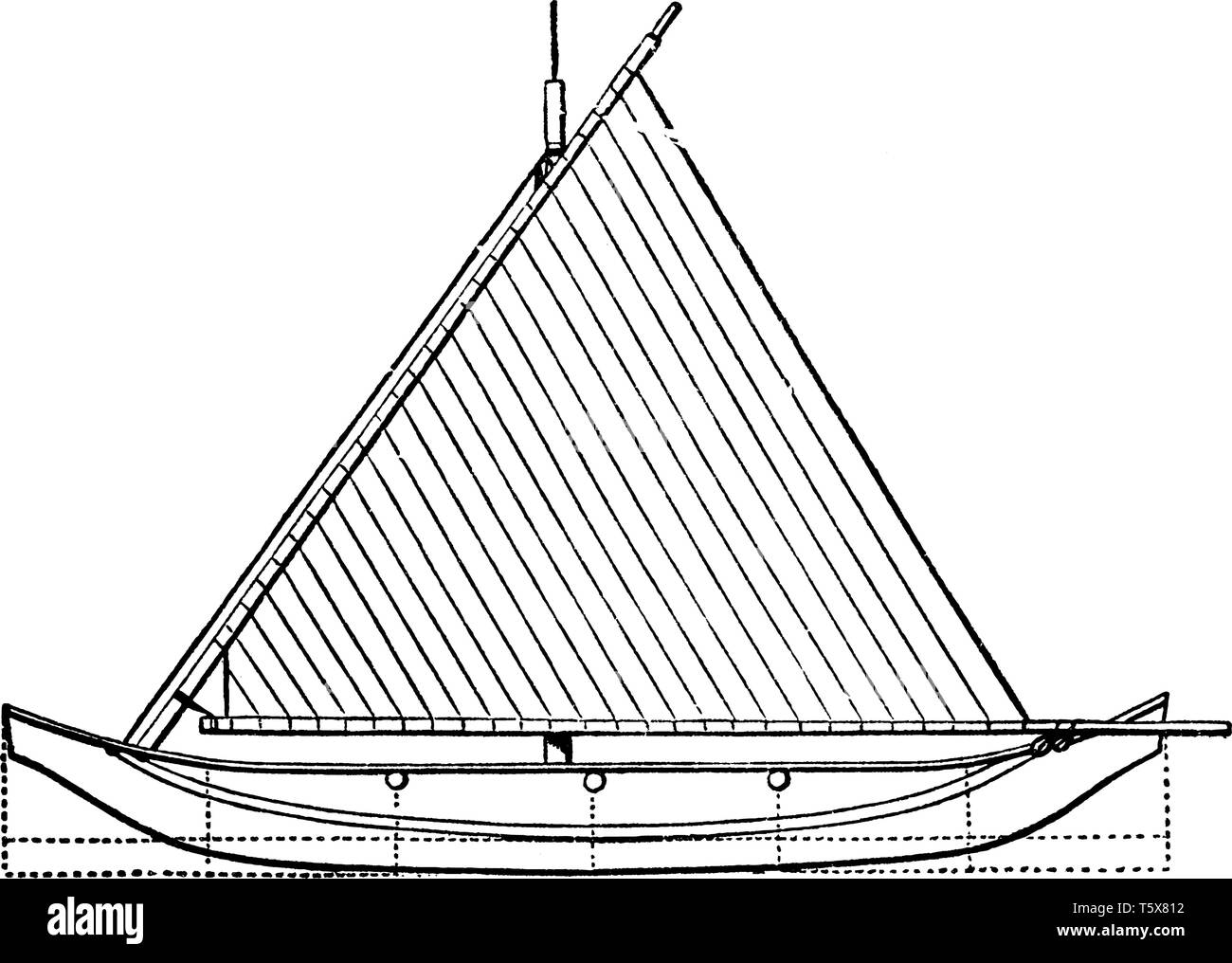 Vista in pianta di Proa è un tipo di imbarcazione a vela con scafi multipli, vintage disegno della linea di incisione o illustrazione. Illustrazione Vettoriale