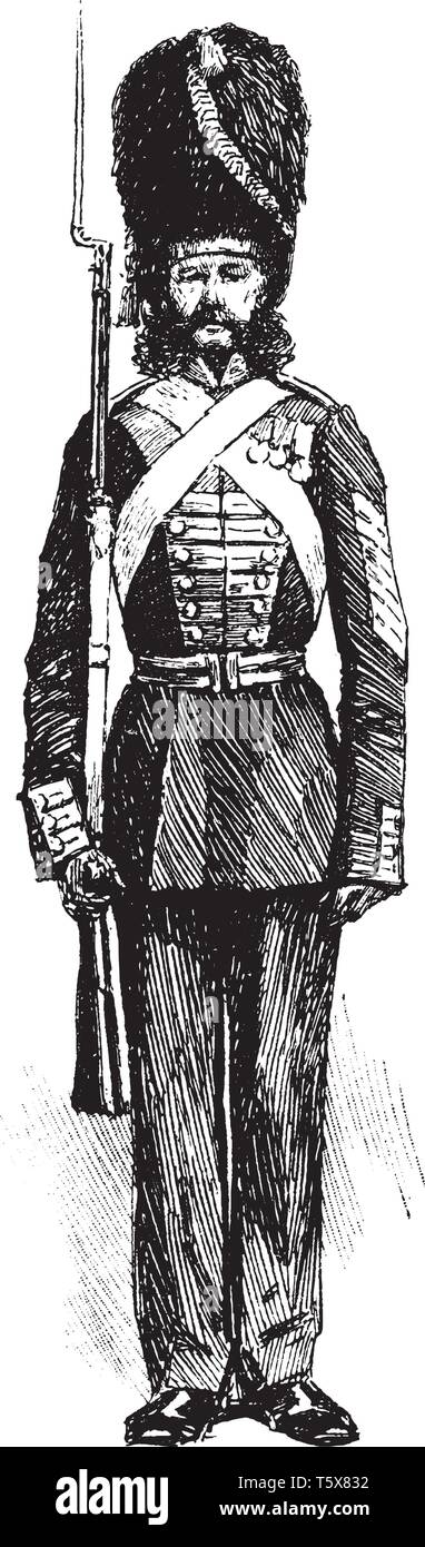Granatiere era originariamente un soldato specializzato in primo luogo stabilito come un distinto ruolo in la metà e la fine del XVII secolo, vintage disegno della linea o incisione Illustrazione Vettoriale