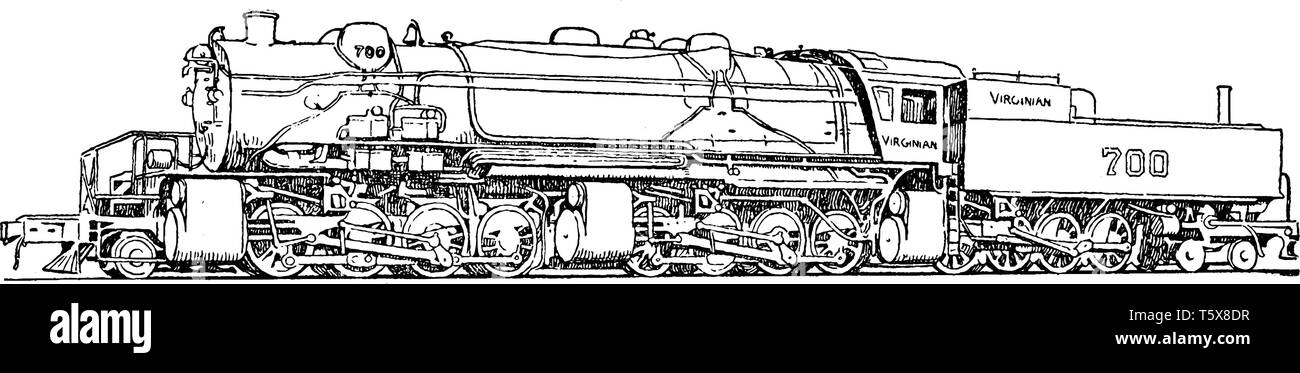 Locomotiva più grande progettato per il Virginian Railway con la locomotiva Baldwin funziona, vintage disegno della linea di incisione o illustrazione. Illustrazione Vettoriale