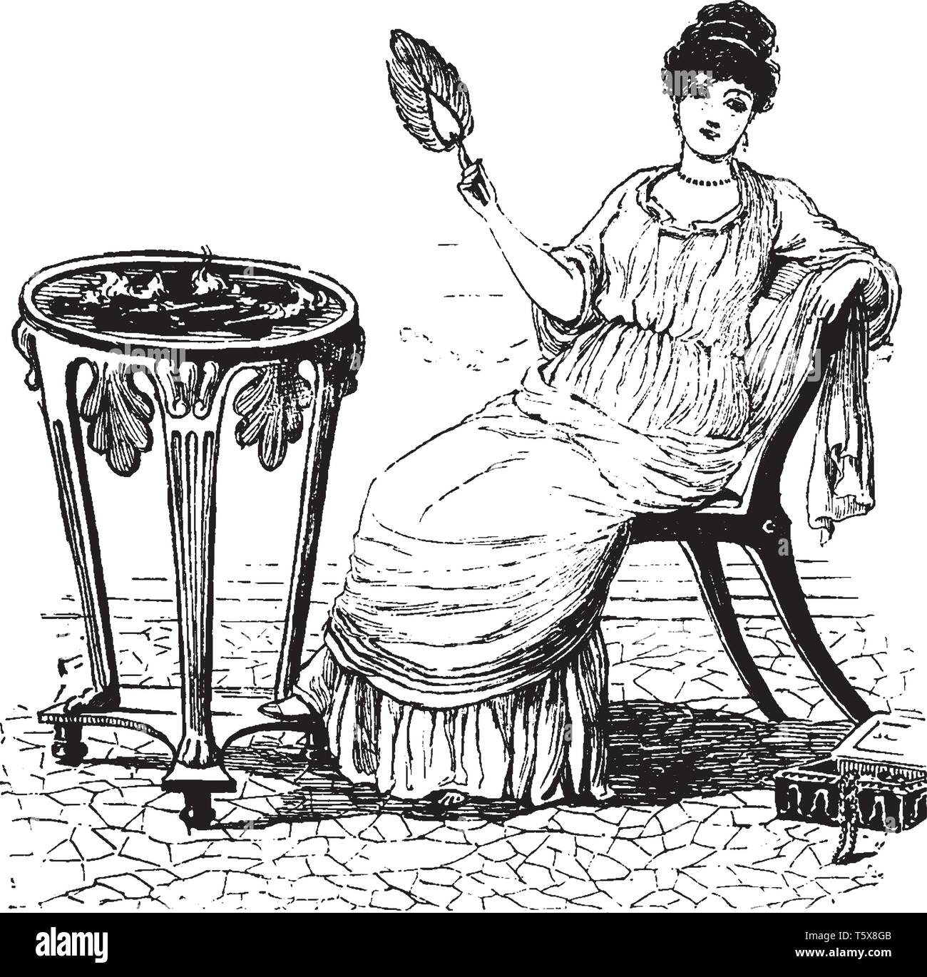 Una signora con ventilatore portatile seduti su una sedia, vintage disegno della linea di incisione o illustrazione Illustrazione Vettoriale