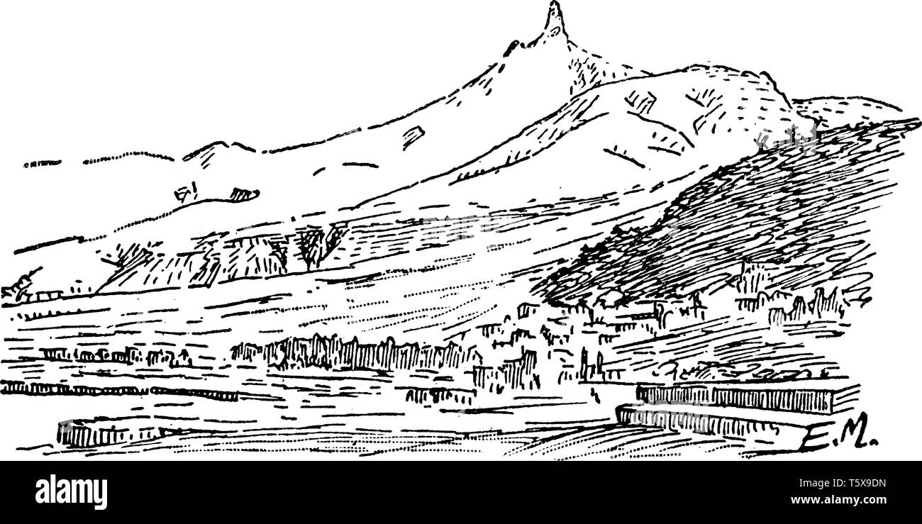 Montare Pele sulla Martinica che è un dipartimento francese d' oltremare, vintage disegno della linea di incisione o illustrazione. Illustrazione Vettoriale