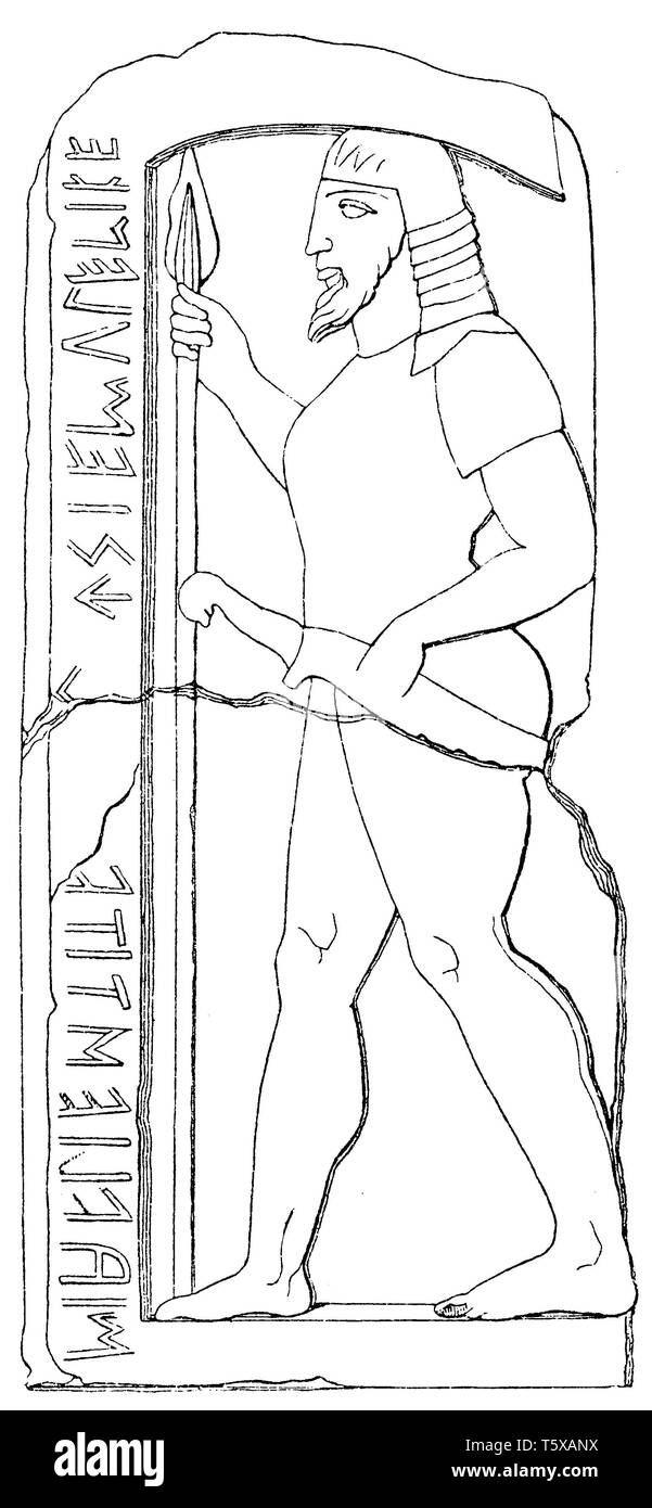 Guerrieri etruschi, rappresentazione in rilievo sulla tomba pilastri. Dopo Micali, Foto Stock