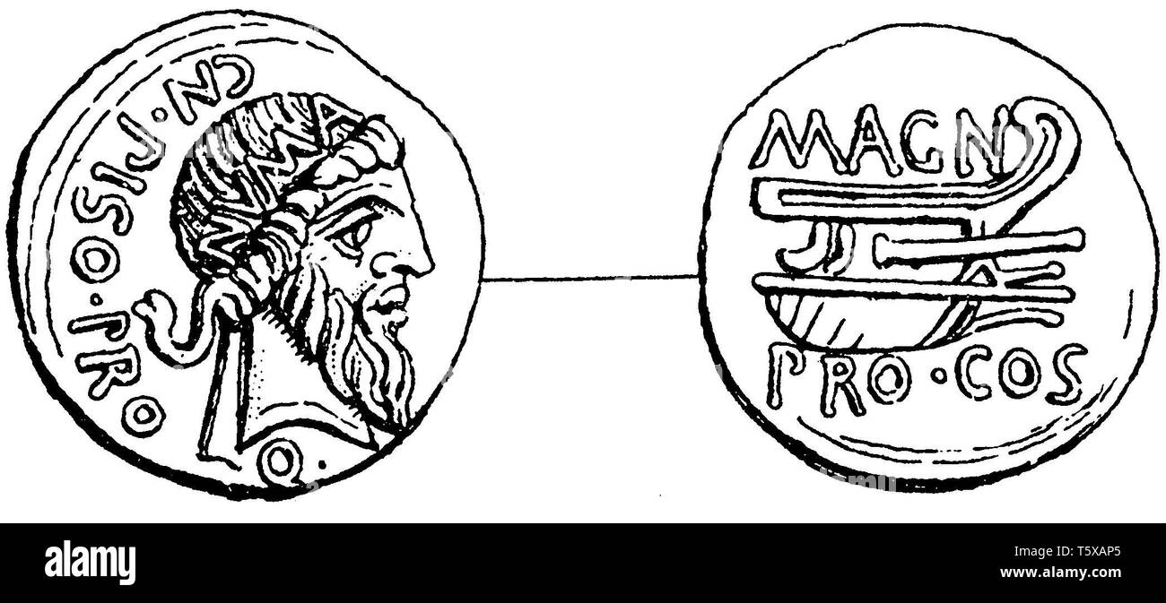 Immagine di Huma Pompilio su una moneta di Calpurnius Piso, Foto Stock