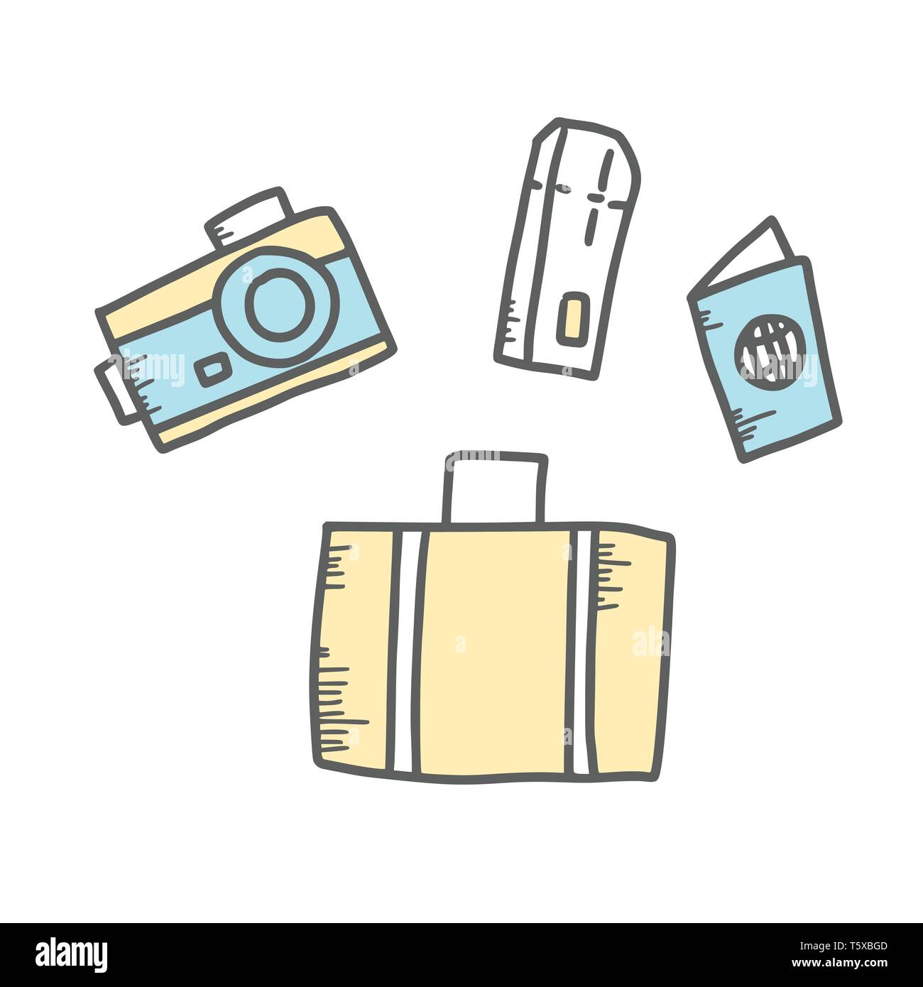 Fotocamera, valigia, passaporto e imbarco-card. Set di simboli di viaggio in stile scarabocchio. Disegnato a mano viaggio di vettore di elementi isolati su sfondo bianco. Co Illustrazione Vettoriale