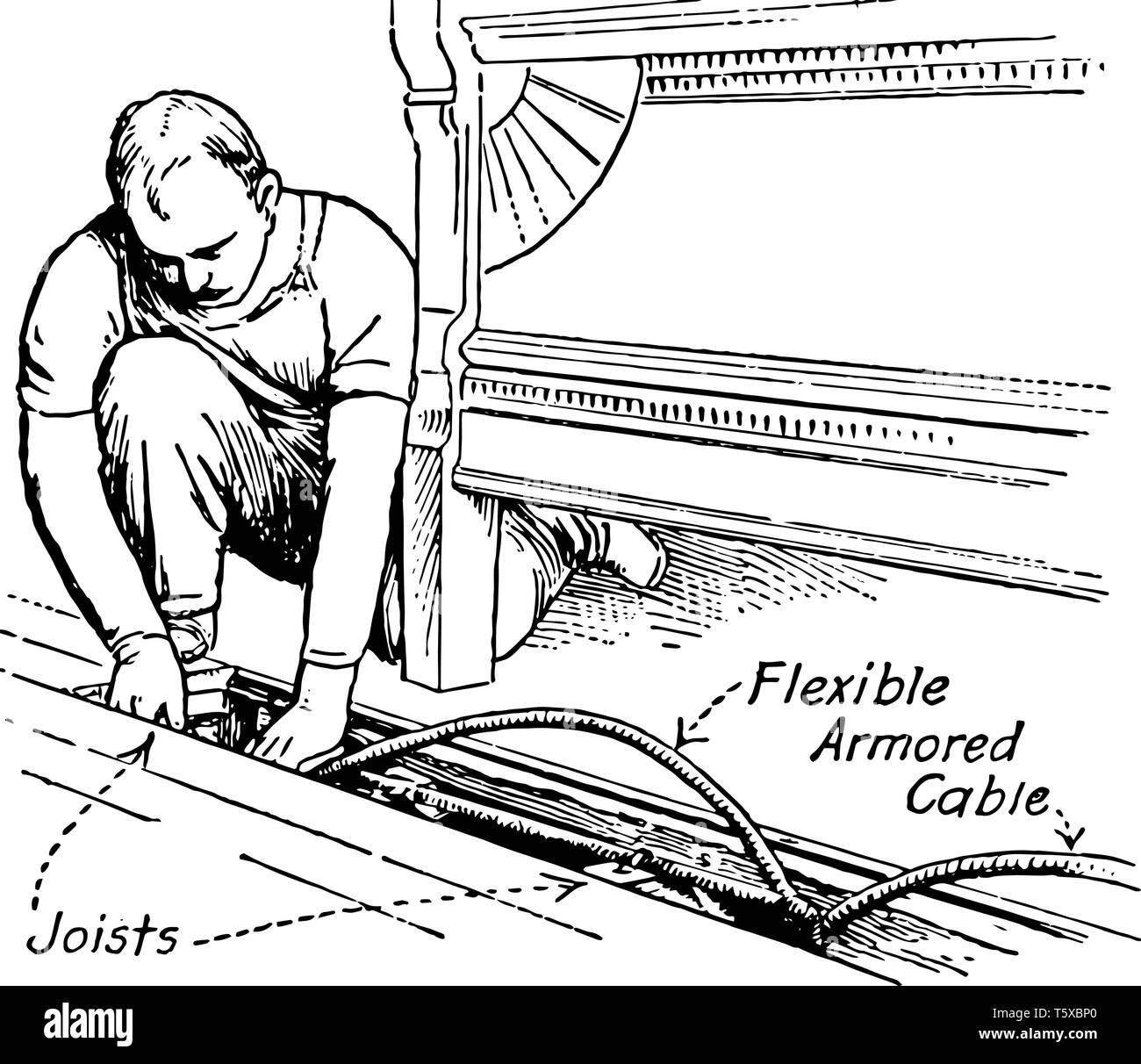 Questa immagine rappresenta Wireman in esecuzione flessibile cavo blindato in una pavimentazione spazio vintage disegno della linea di incisione o illustrazione. Illustrazione Vettoriale