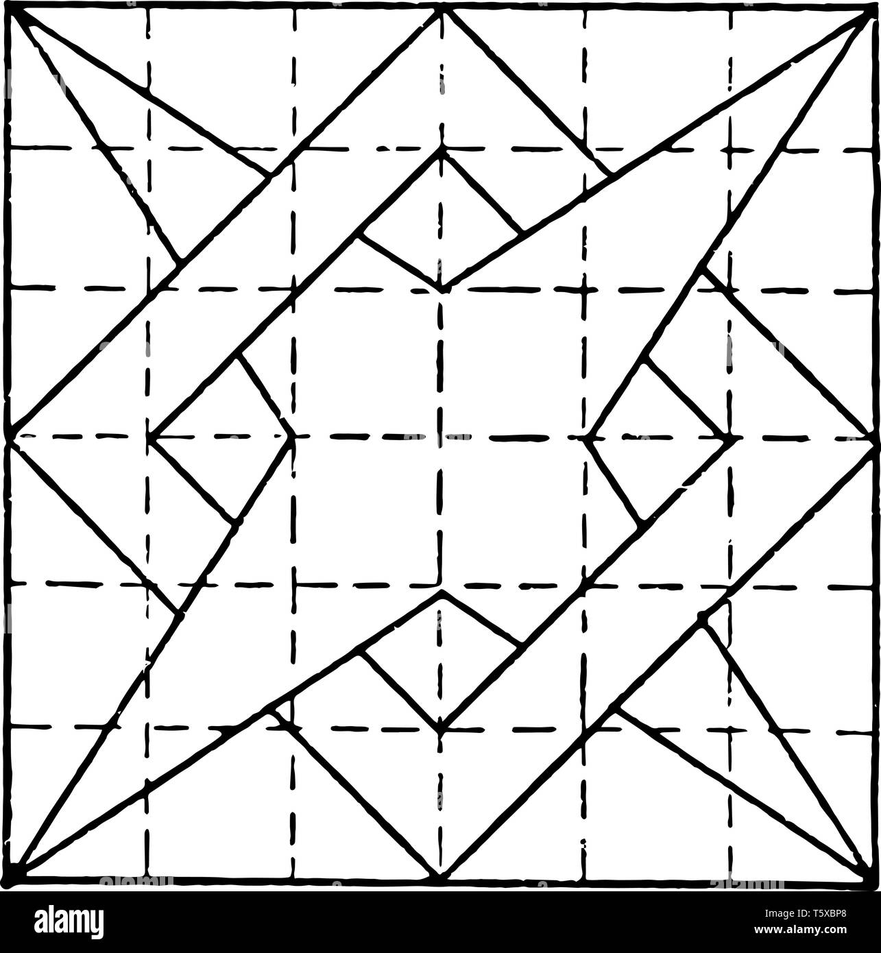 Costruzione di stella a 4 punte Box di sovrapposizione pattern usando T quadrato e triangolo dividendo la carta con linee tratteggiate superiore e collegare i quattro punti Illustrazione Vettoriale Costruzione di stella a 4 punte Box di sovrapposizione pattern usando T quadrato e triangolo dividendo la carta con linee tratteggiate superiore e collegare i quattro punti Illustrazione Vettoriale