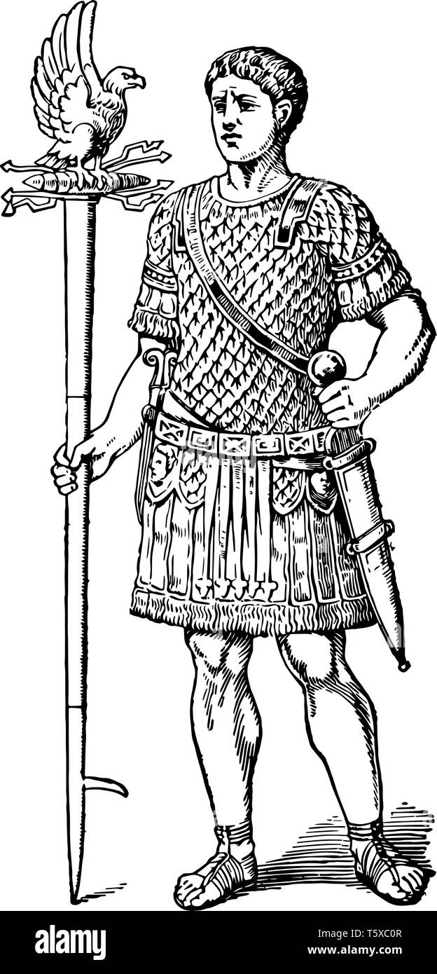 Eagle portatore dall'Impero Romano vintage disegno della linea di incisione o illustrazione. Illustrazione Vettoriale