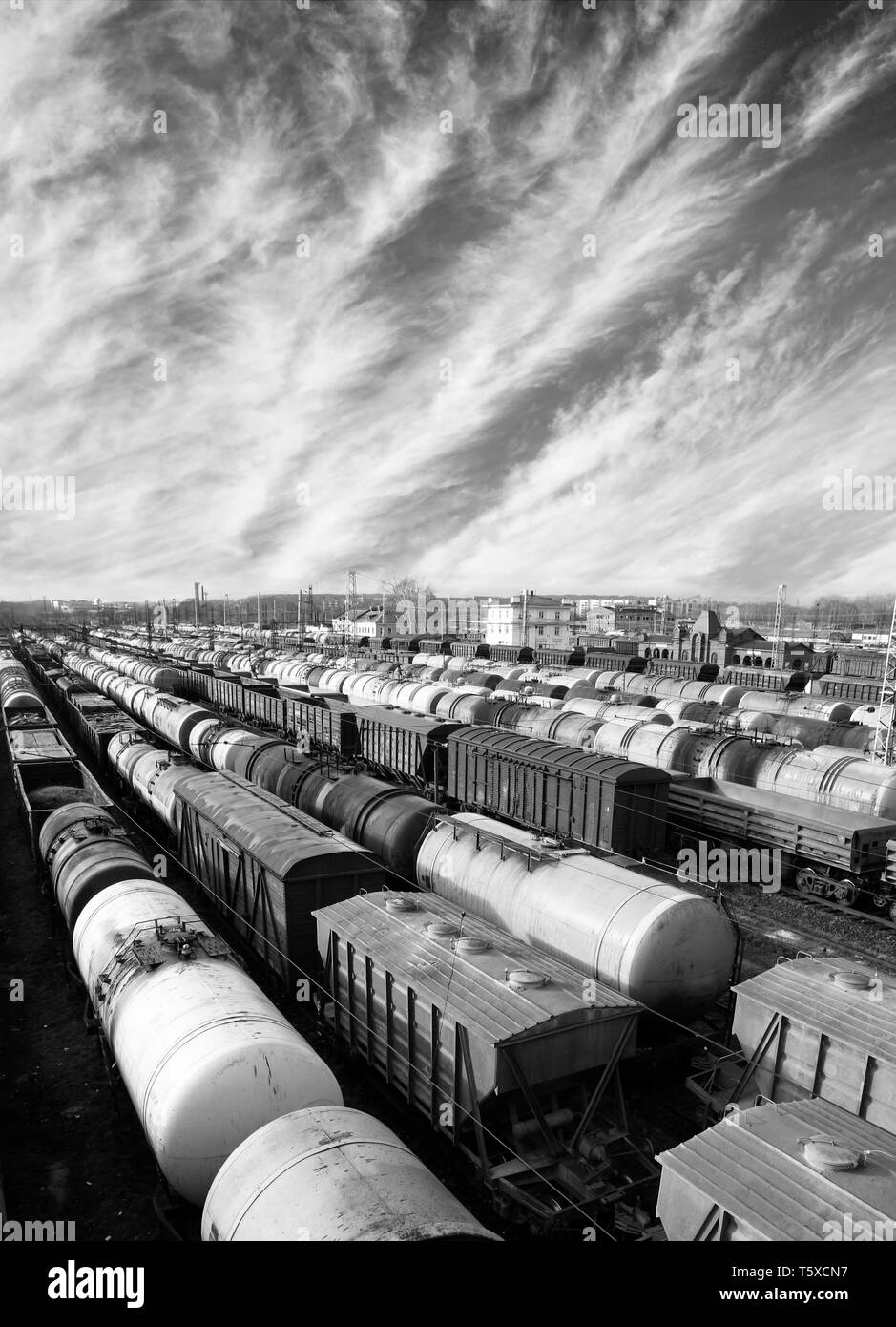 Automobili della ferrovia su una stazione ferroviaria. Trasporto merci. Lavoro di industria. Scena urbana. Foto in bianco e nero Foto Stock