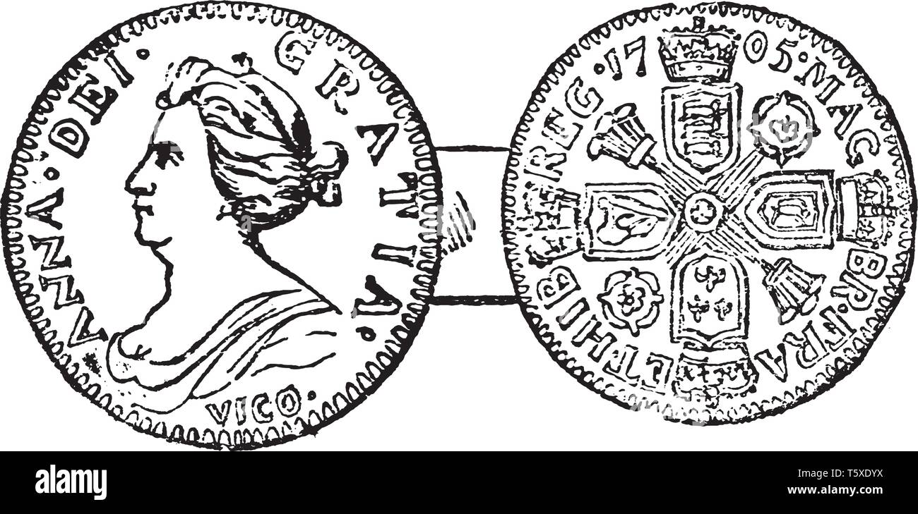 Moneta di Anne che viene prodotta durante il regno della regina Anna dal 1702 al 1714, vintage disegno della linea di incisione o illustrazione. Illustrazione Vettoriale