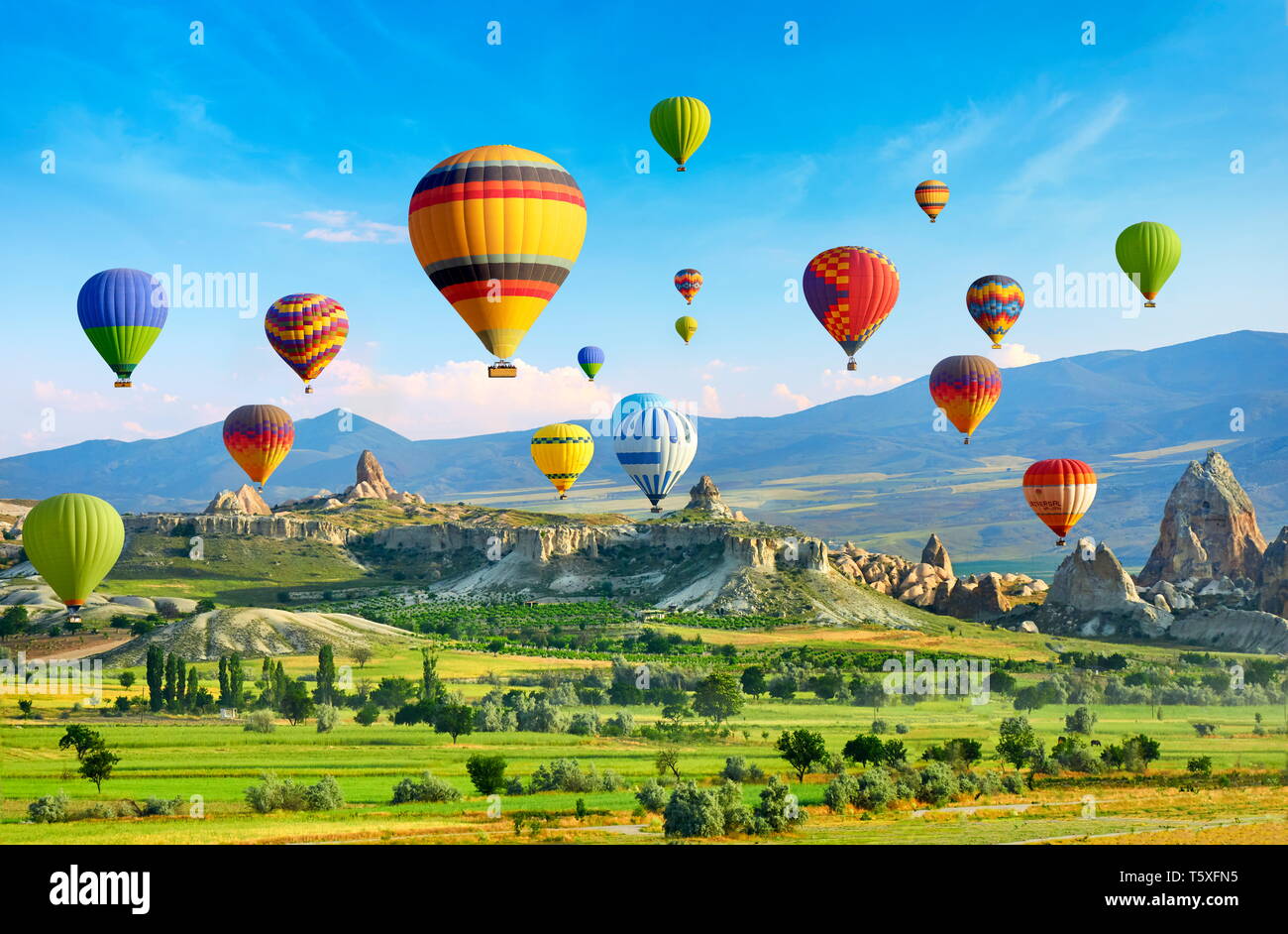 Mongolfiera Volare nel cielo, Cappadocia, Turchia Foto Stock