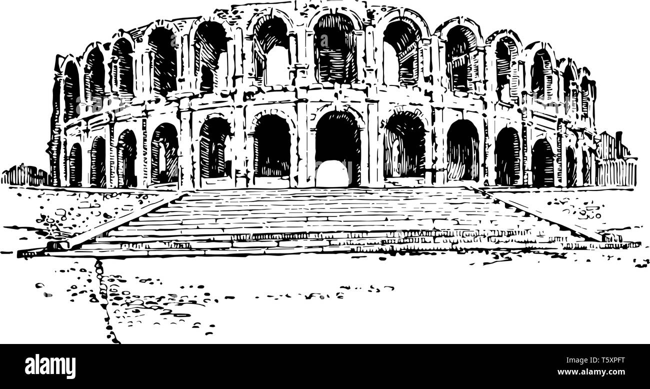 Anfiteatro di Arles un anfiteatro romano nella città della Francia meridionale anfiteatro romano è probabilmente la più importante attrazione turistica vintage li Illustrazione Vettoriale