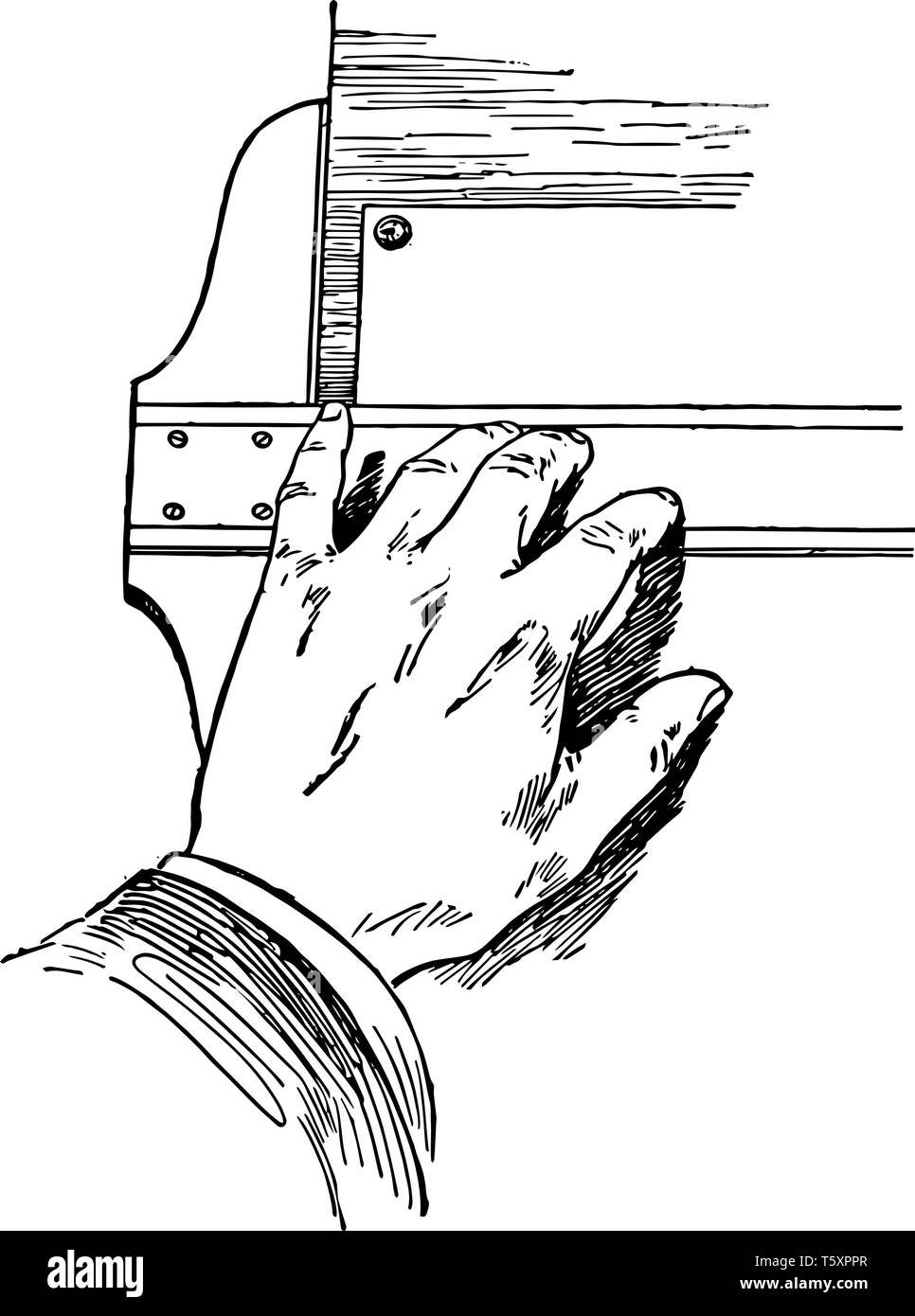 T-square posizione di tenuta usando le dita sulla lama del bordo per raddrizzare consegnato persone, bagno completo o un sacco di spazio armadio, mirroring porte armadio e Illustrazione Vettoriale