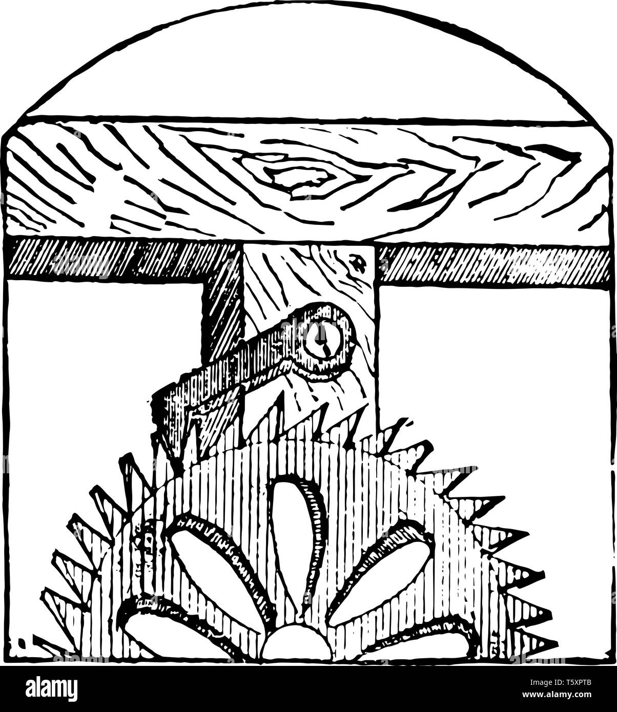 Questa immagine rappresenta il nottolino di arresto che viene utilizzato in macchinari e strumenti vintage disegno della linea di incisione o illustrazione. Illustrazione Vettoriale