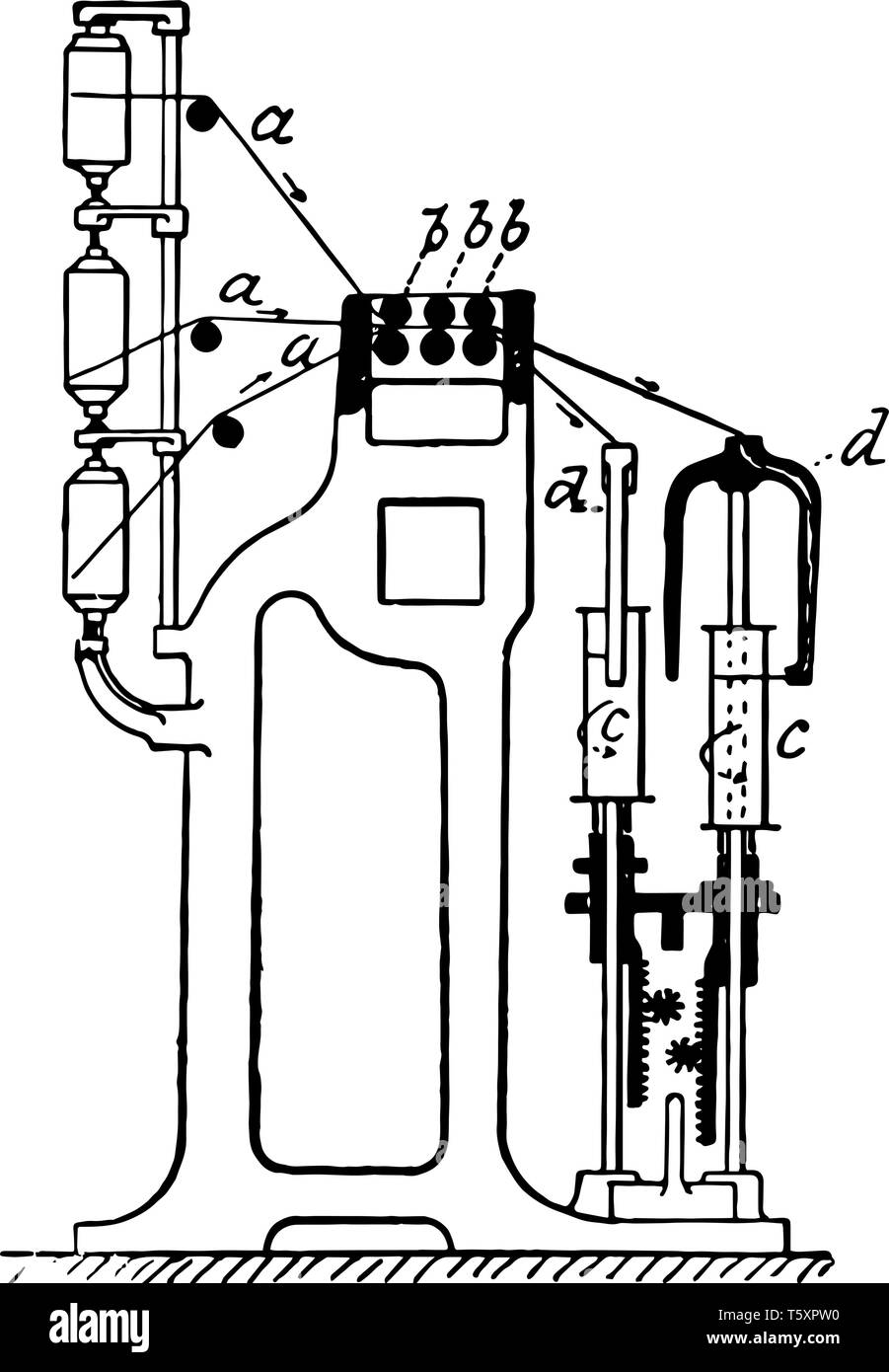 Questa immagine rappresenta stoppino in macchina con regolazione cremagliera e pignone per sollevamento e abbassamento spole al sicuro anche di avvolgimento, vintage line draw Illustrazione Vettoriale